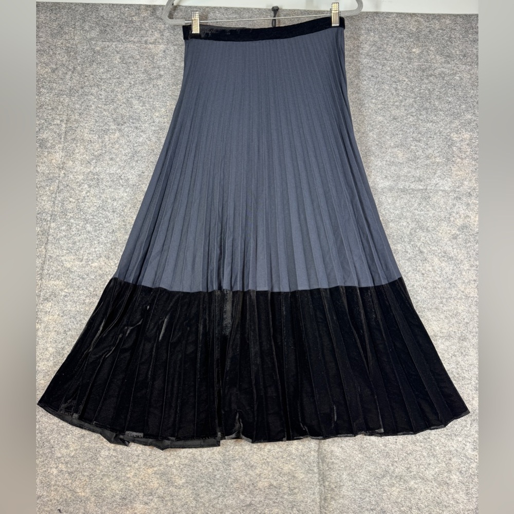 Sandro Pleated Two-Tone Maxi Skirt Size 3 Velvet Trim Quiet Luxury Belted Chic - Picture 12 of 14